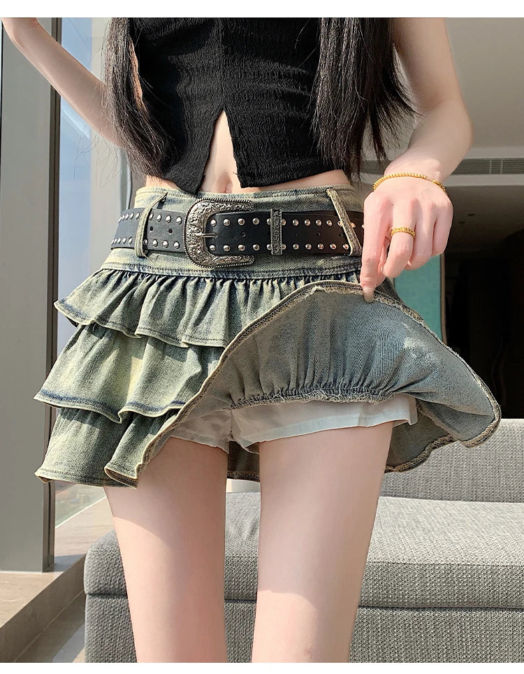 Seoulish American Style Hot Girl Denim Skirt 2026 New Summer Stretch Cake Layer Pleated Skirt High Waist Jeans Mini Skirts Women