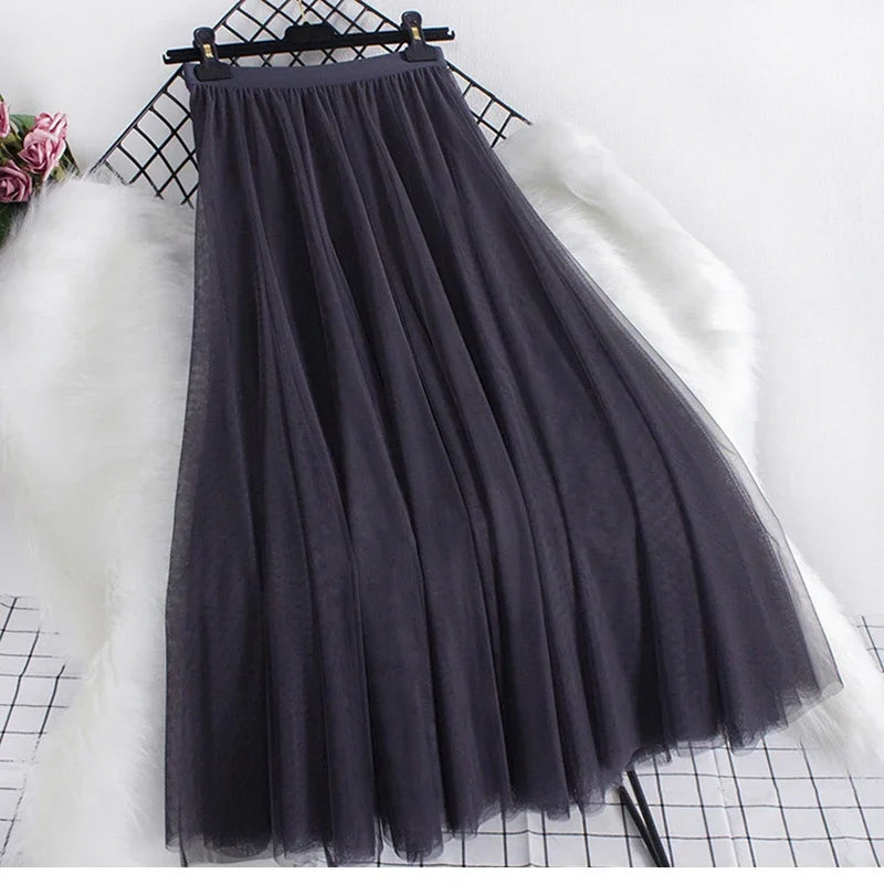 New large hem chiffon long skirt for women's Korean casual simple solid color three-layer A-line high waisted long skirt