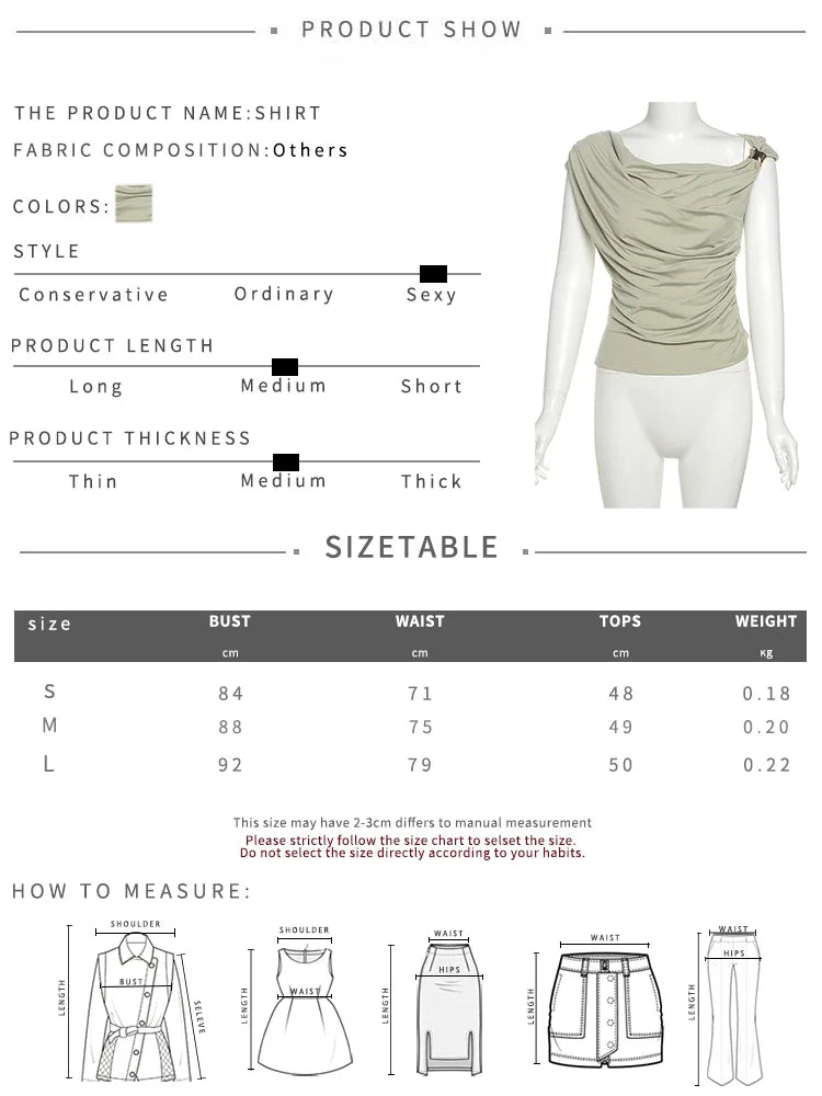 Irregular Metal Knots Tops Women Sexy Pleated Skinny High Stretch Solid Daily Casual Simple Streetwear Basic Tees
