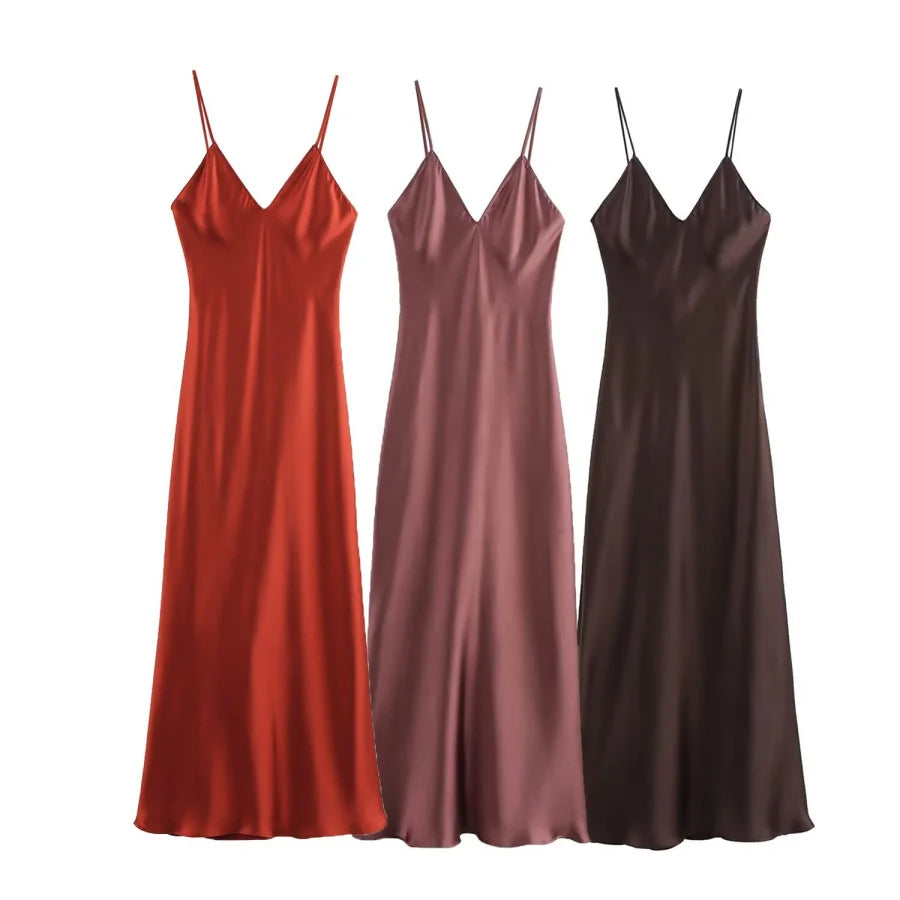 New Elegant women's fashion silk satin texture MIDI dress sexy backless party slip dress