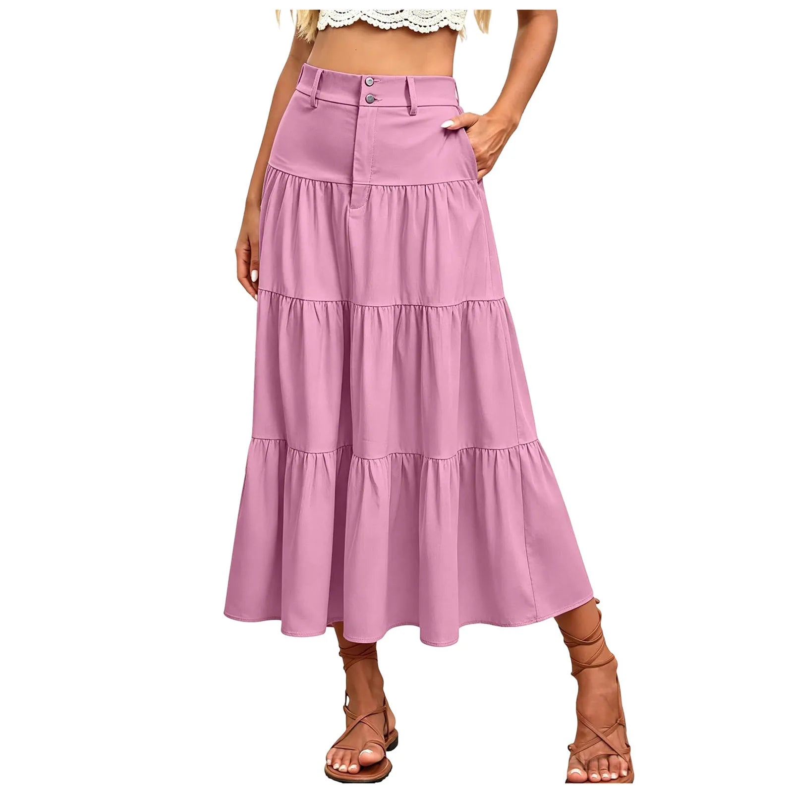 Damen High Waist Midi Mit Elastischem Bund Knopfleiste Eleganter A Linien Leichtem Material Für