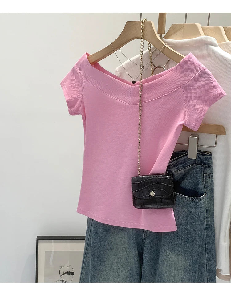Pink Shoulder Bared Short Sleeve T Shirt Women's Summer New Style Ageless Lady Pure Desire Spicy Girl Top Simple Backless Design