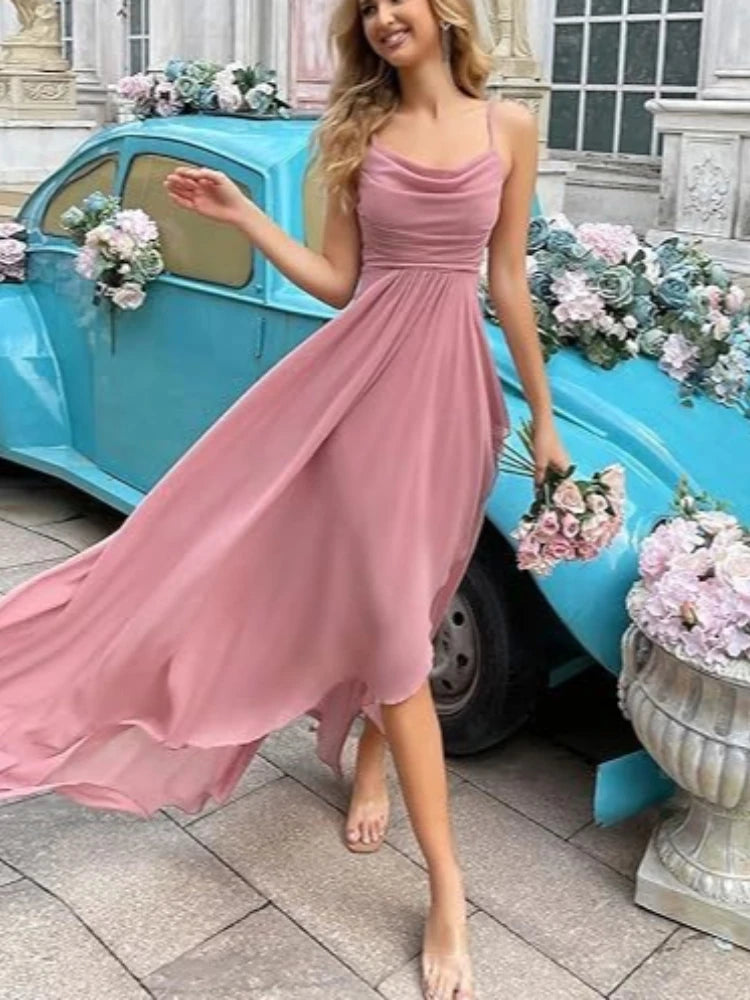 Wedding Party Gown Prom Elegant Pink Spaghetti Strap Draped Cowl Neck Women's Formal Evening Gowns Chiffon High Low Maxi Dresses
