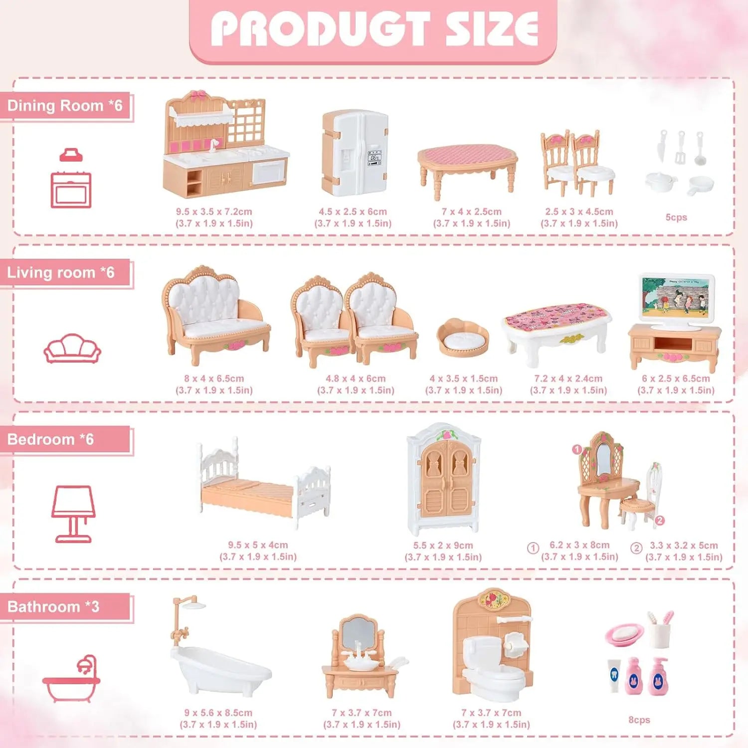Dollhouse Furniture Set Accessories Doll House Mini Furniture Pretend Play Bedroom Living Room Bathroom Kitchen Kids Birthday