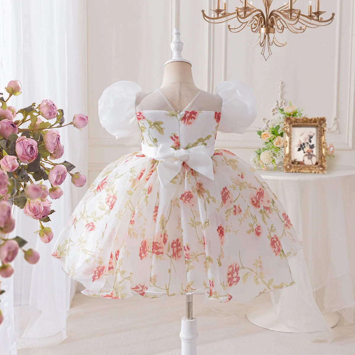 HETISO Girls Floral Chiffon Dress Korean Style Casual Birthday Gown White One-piece Summer Dress for Kids 2-10 Years