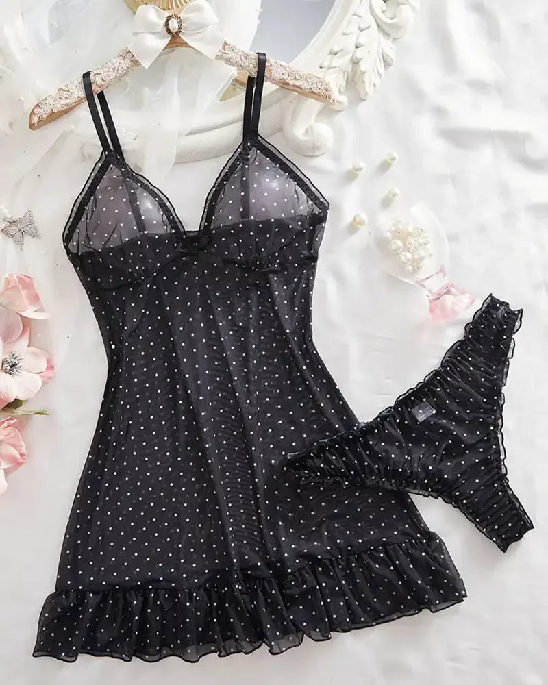 Polka Dot Mesh Babydoll Lingerie Set Strap V Neck Ruffle Hem Bodycon Dress Women's Butterfly Knot Cross Border Sheer Dress