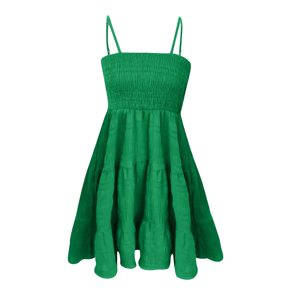 Bohemian Beach Sundress Women Sexy Sleeveless Backless Big Swing Mini Dress Solid Spaghetti Strap Ruffles Dress Summer Vestidos