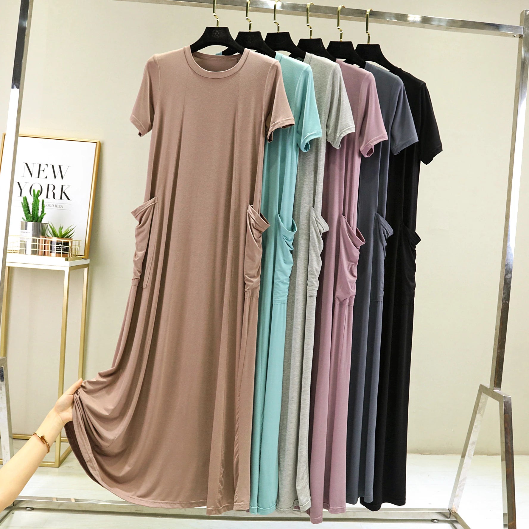 Casual Modal Sleep Dress Women Summer Large Size round Neck over Knee Long Dress Loose Slimming Short Sleeve Dress