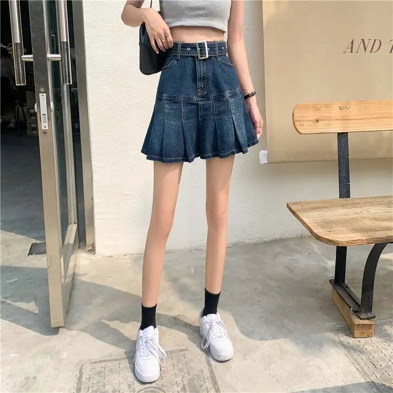 Spicy Girl Denim Half Skirt Women's Summer 2026 INS New Korean Retro High Waist Slim A-Line Pleated Short Skirt Trendy