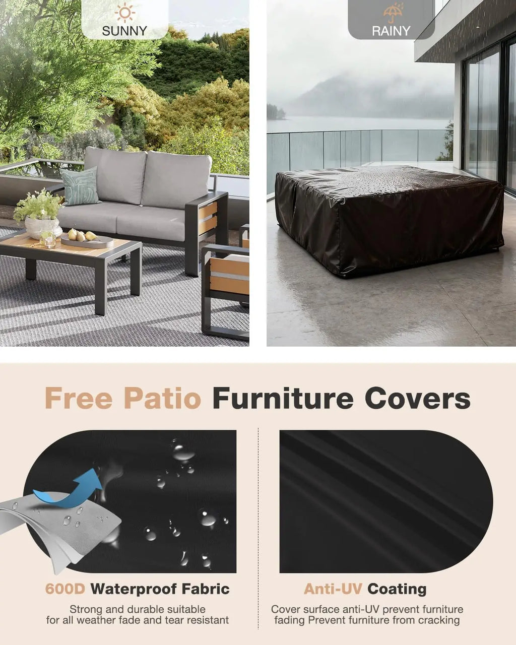 Aluminum Outdoor Sectional Sofa 4-Piece Patio Furniture with Olefin Cushions & Waterproof Cover for Backyard, Customized