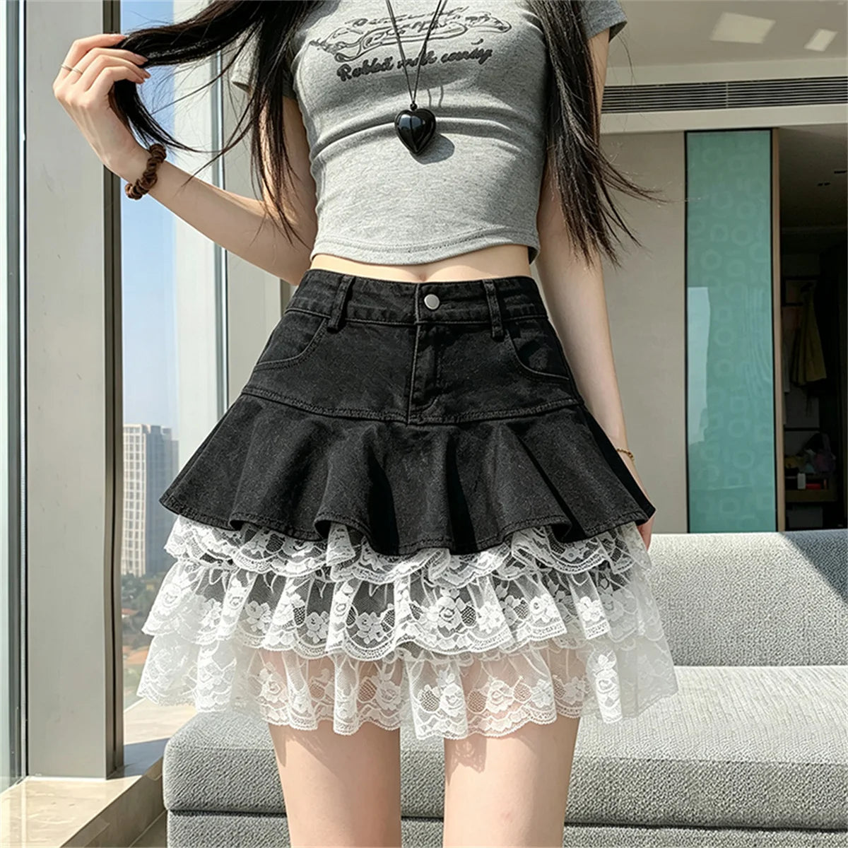 HotSweet Denim Patchwork Lace Mini Skirt 2026 Summer Ruffled Slimming A-Line Skirt For Women Streetwear Y2k Short Skirts