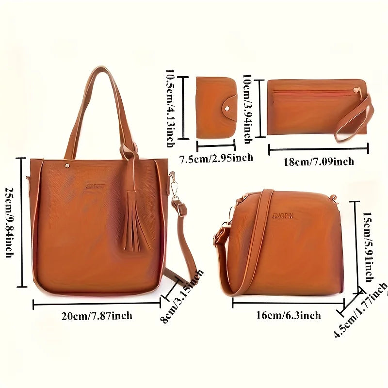 4pcs Elegant Minimalist Women'S Shoulder Bag, Handbag, Crossbody Bag, Women Storage Bag, Holiday Gift, Synthetic, Zipper Closure