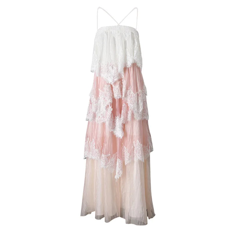 French Vintage Lace Gradient Camisole Long Dress Spring Summer Floral Maxi Dress Elegant Layered Ruffle Dress