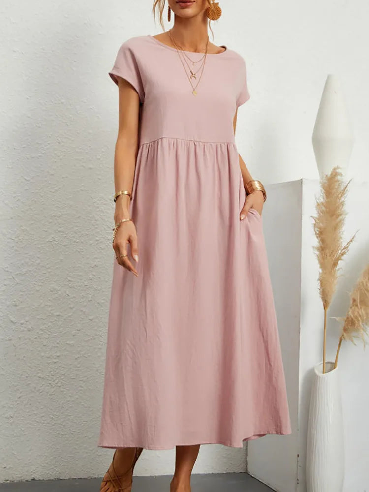 Premium Elegant Solid Cotton Linen Dress Summer Midi with Pockets Loose Fit Casual Crew Neck Short Sleeve for Beach Travel
