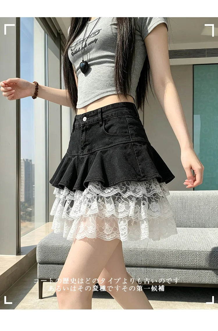 HotSweet Denim Patchwork Lace Mini Skirt 2026 Summer Ruffled Slimming A-Line Skirt For Women Streetwear Y2k Short Skirts
