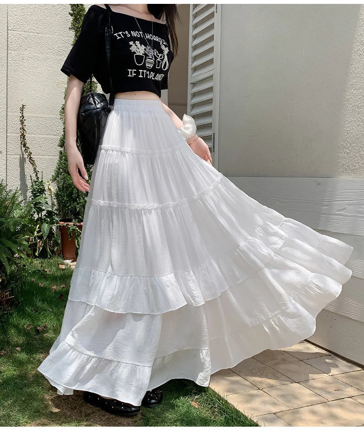 White Tiered Ruffle Hem Skirt 2025 - High Waist Flowy A-Line Maxi Skirt, Summer Chiffon Layered Skirt with Pleats