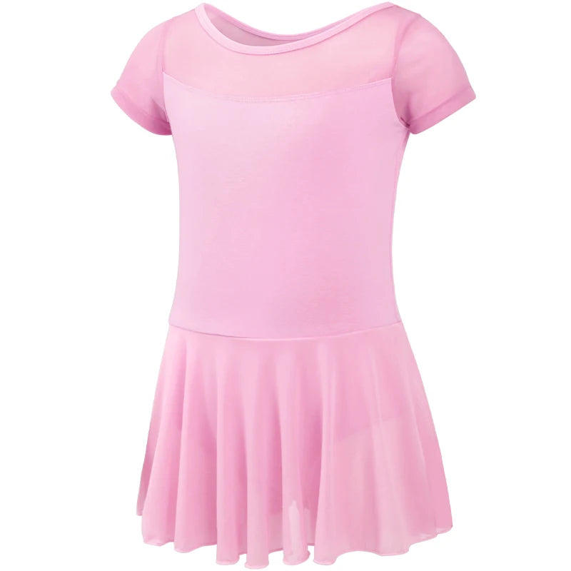 Girls Ballet Leotard Dress – Mesh Splice Short Sleeve Chiffon Skirted Dance Costume
