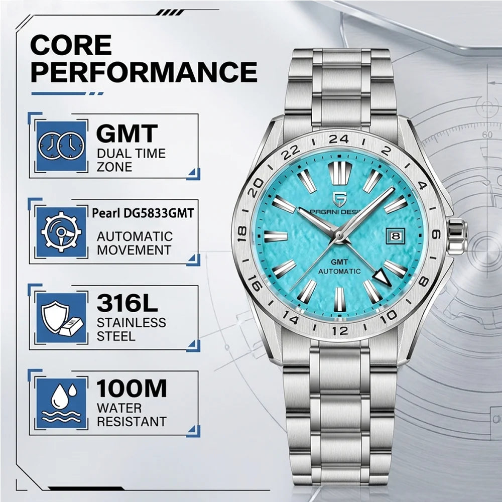 Pagani Design GMT Men's Mechanical Watch Luxury Sapphire Glass Stainless Steel Automatic Mechanical Men's Watch 100 Waterproof