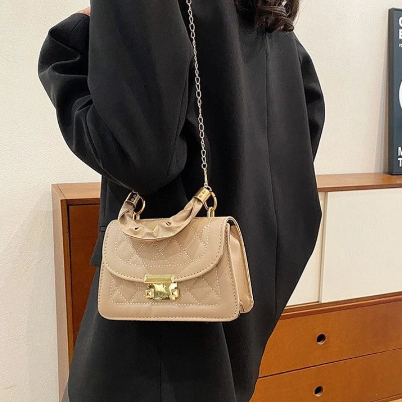 Elegant Women Quilted Top Handle Bags with Gold Chain Strap Ruched Handbag Fashion Lock Crossbody Bag Chic Mini Shoulder Purse