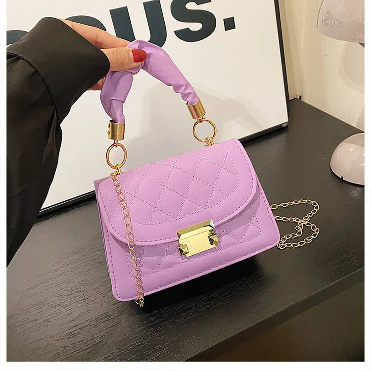 Elegant Women Quilted Top Handle Bags with Gold Chain Strap Ruched Handbag Fashion Lock Crossbody Bag Chic Mini Shoulder Purse