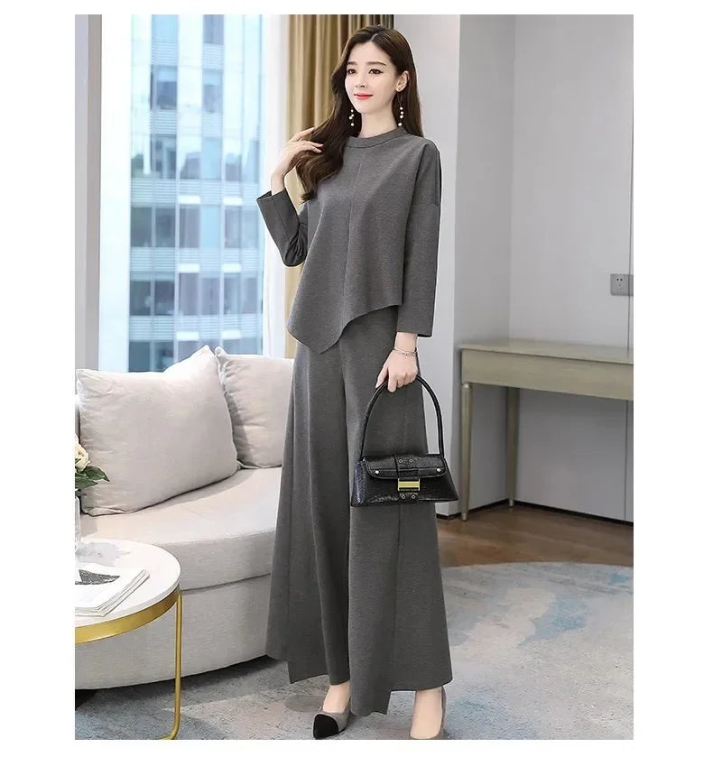 Spring Autumn Wide Leg Pants Set Women's Anti Aging Belly Cover Slimming Casual Elegant Skirt Pants Two Piece Set