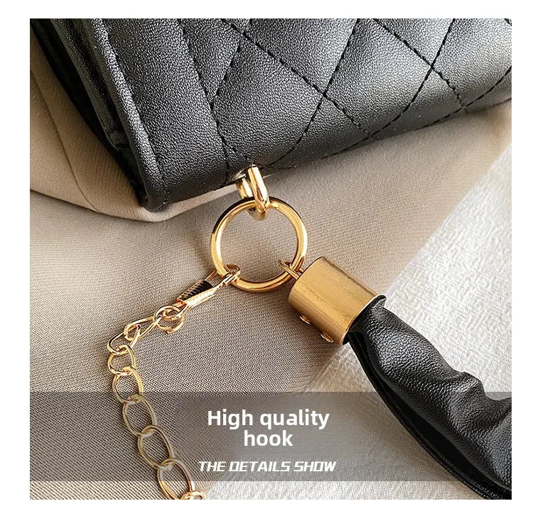Elegant Women Quilted Top Handle Bags with Gold Chain Strap Ruched Handbag Fashion Lock Crossbody Bag Chic Mini Shoulder Purse