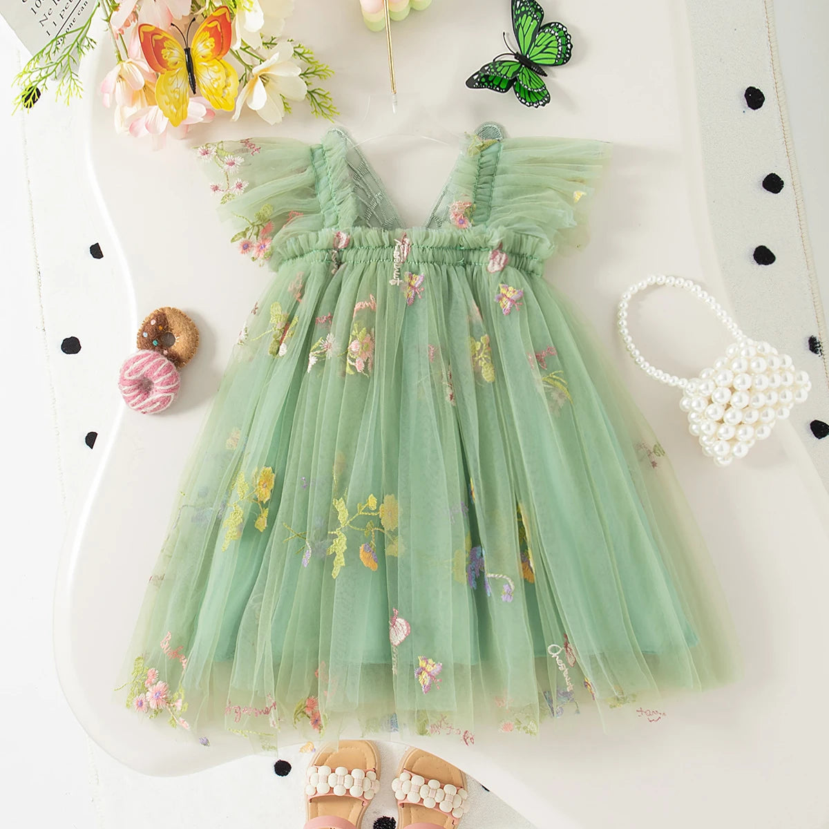 Floral Mesh Ball Gown Dress For Baby Girls Princess Style With Full Skirt And Floral Applique