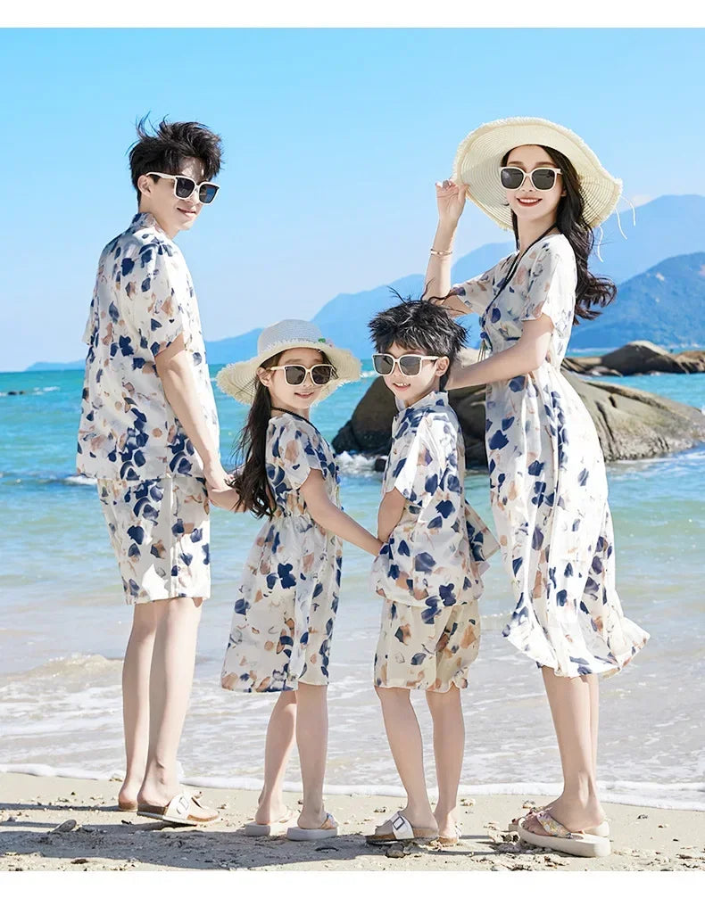 2025 Mom and Daughter Short Sleeve Dress Holiday Summer Family Vacation Look Clothes Dad and Son Shirts Two Piece Outfits Sets