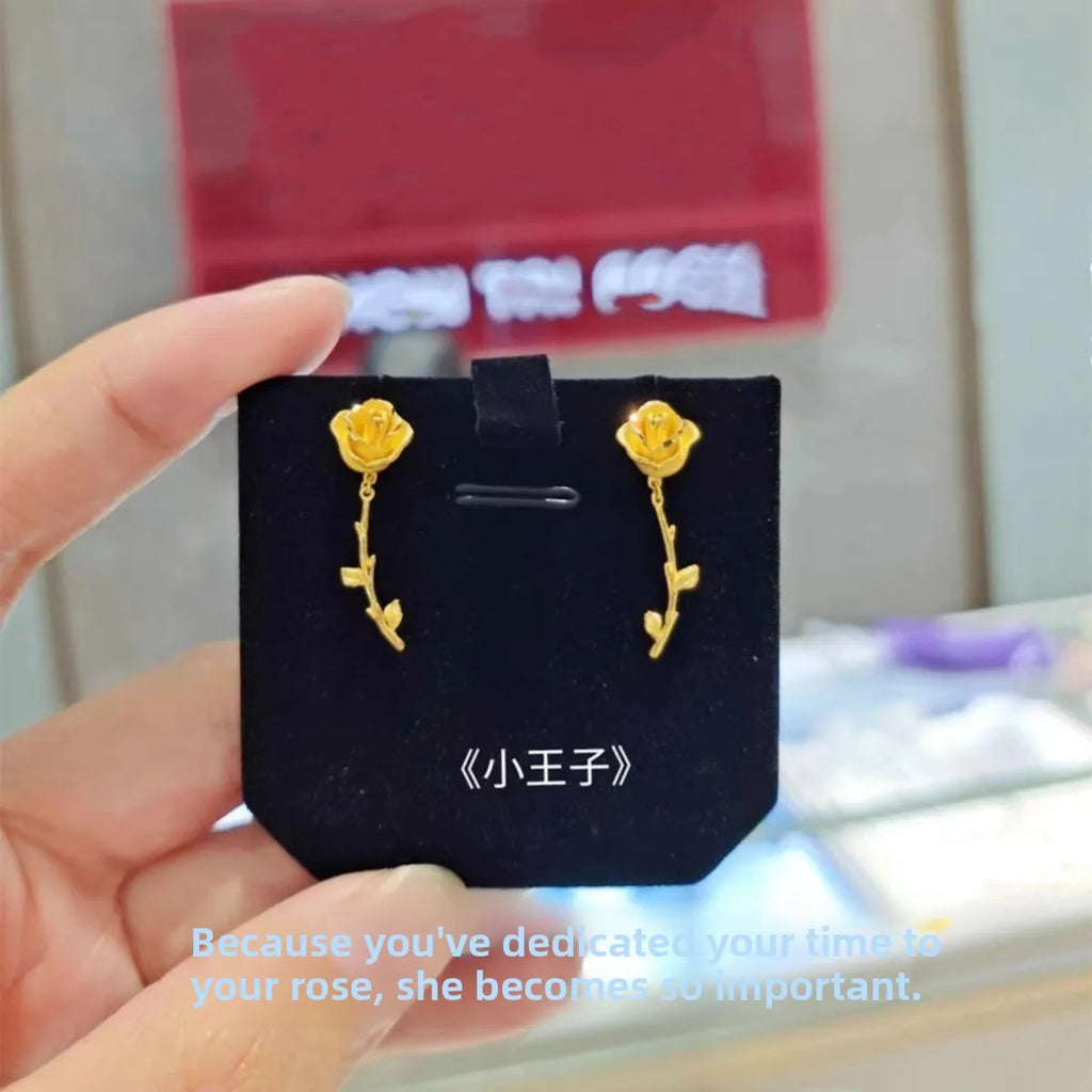 Fashionable Rose Gold Earrings Necklace Set Women's Style Vietnamese Sand Gold Rose Flower Jewelry Copper Plated Geometric Shape