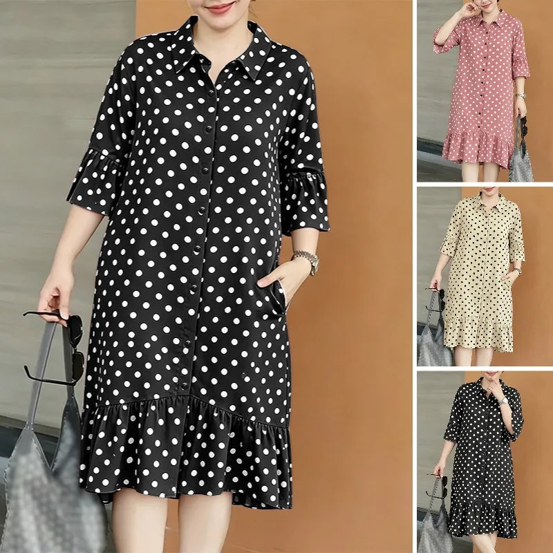 ZANZEA Summer Elegant Lapel Neck Short Sleeve Sundress Polka Dots Printed Women Dress Stylish Casual Holiday Beach Midi Dresses