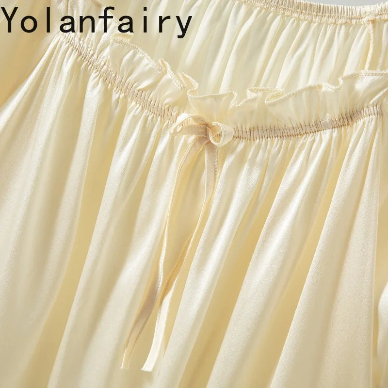 YOLANFAIRY 93% Real Mulberry Silk Pajamas for Woman 2026 Spring Summer High-end Sets Woman 2 Piece Short Sleeve Pijamas De Mujer