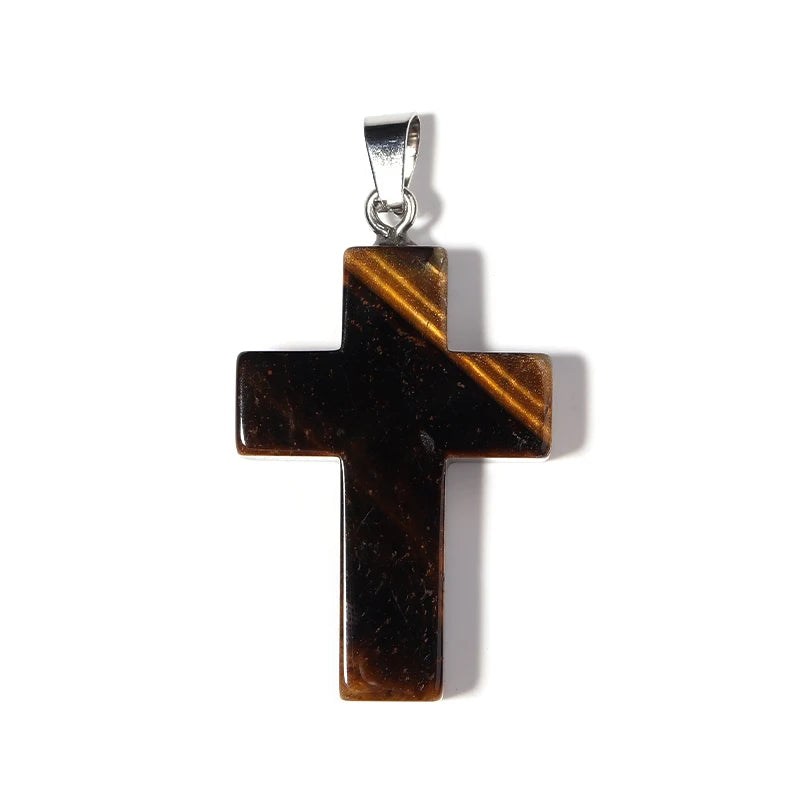 Natural Stone Cross Charm With Metal Loop Tiger Eye Opal Jewelry Prayer Pendant Necklace Making Accessories Diy Components