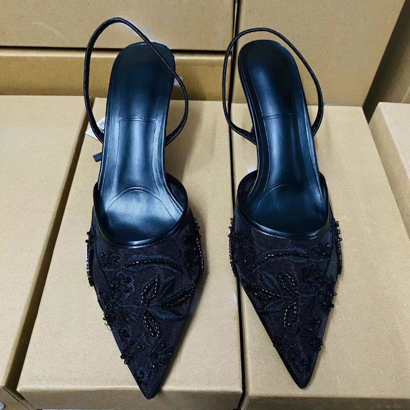 Ladies Flower Mesh Open Heel Sandals Shoes Sexy Designer High Heel Pointed Toe Stiletto Pumps Mules  women sandals