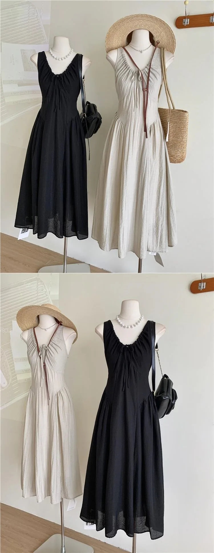 Retro French Style Casual Long Dress Drawstring Sleeveless plus Size 300 Pounds Design Summer New Fashion Dress