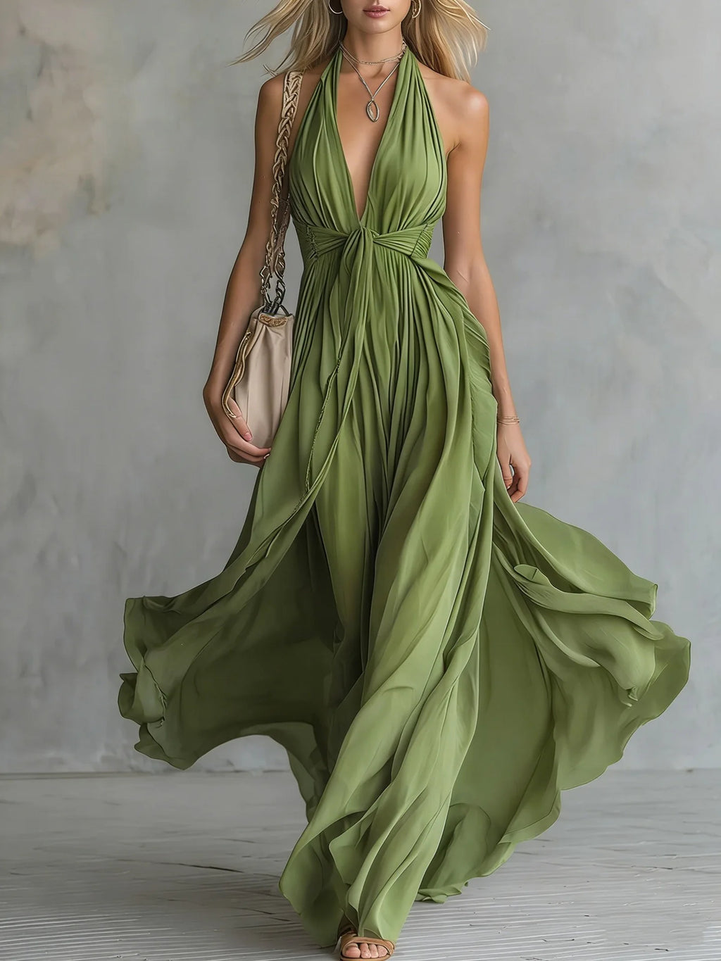 Elegant V-Neck Sleeveless Waist-Cinched Long Dress Summer New Style Pure Color Holiday Vibes Cross-Border Polyester Maxi Dress