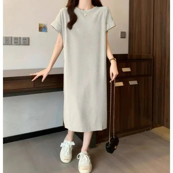 Women Cotton T-Shirt Dress Crew Neck Short Sleeve Loose Split Side Summer Casual Maxi Dress