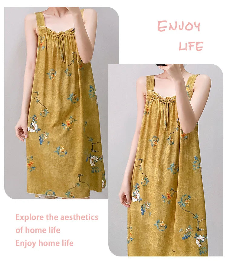 Korean Version of the Girl Sweet Summer Halter Nightgown Female Bowknot Full Print Sleeveless Loose Floral Sundress Home Dress