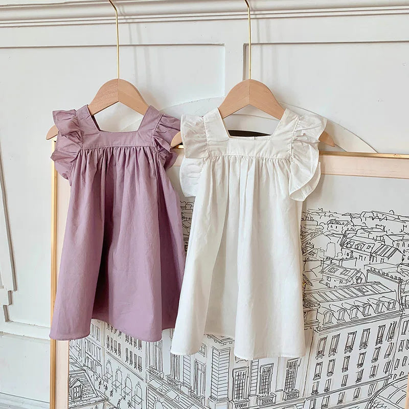 MILANCEL Girls Dresses 2024 Summer Little Fresh Kid's Flare Sleeve A-line Dress Simple Square Collar T-shirt Dress 2-7 Y