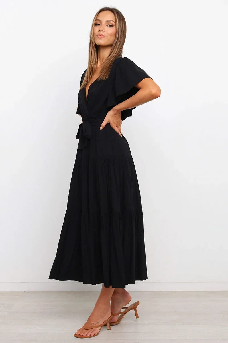 Summer Bohemian Long Dress Pure Color V-Neck Short Sleeve Empire Waist Design Floor Length with Belt Loose Fit Women's Dress