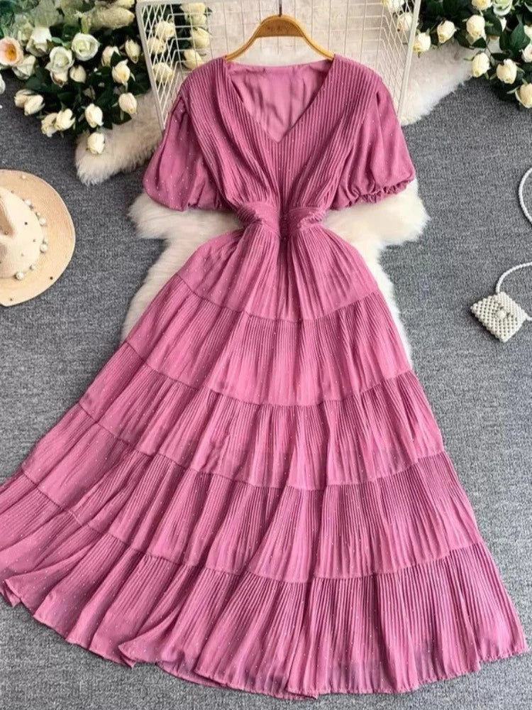 Summer Polka Dot Woman Elegant Dress Fashion V Neck Puff Sleeve Vestidos Korean A-Line Pleated Dresses 2026 Vestidos De Mujer