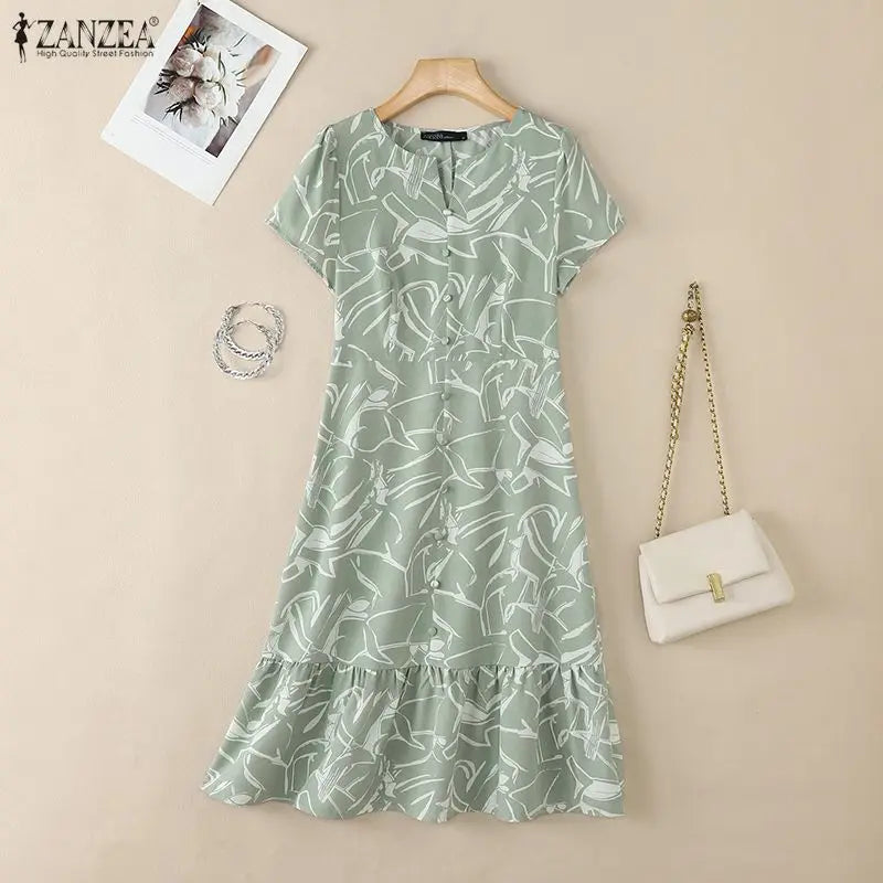ZANZEA Women's Floral Printing Midi Dress V-Neck Short Sleeve Ruffled Hem Long Dress Summer Casual Daily Wear Robes Femme 3XL