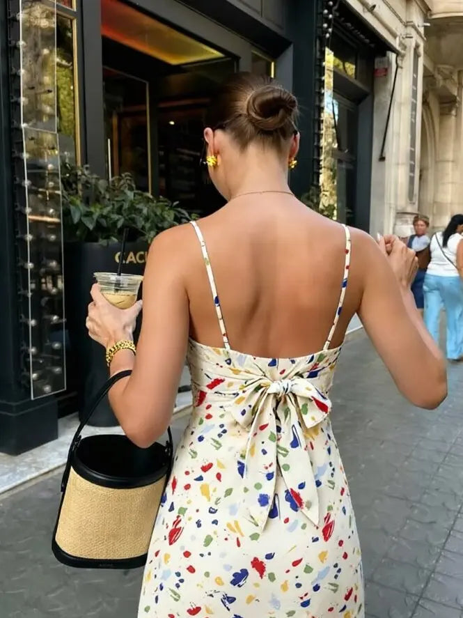 French Style Spotted Print Sexy Backless Belted  Knot Waist Cinching Strapless Dress Holiday Casual V-Neck Sundress