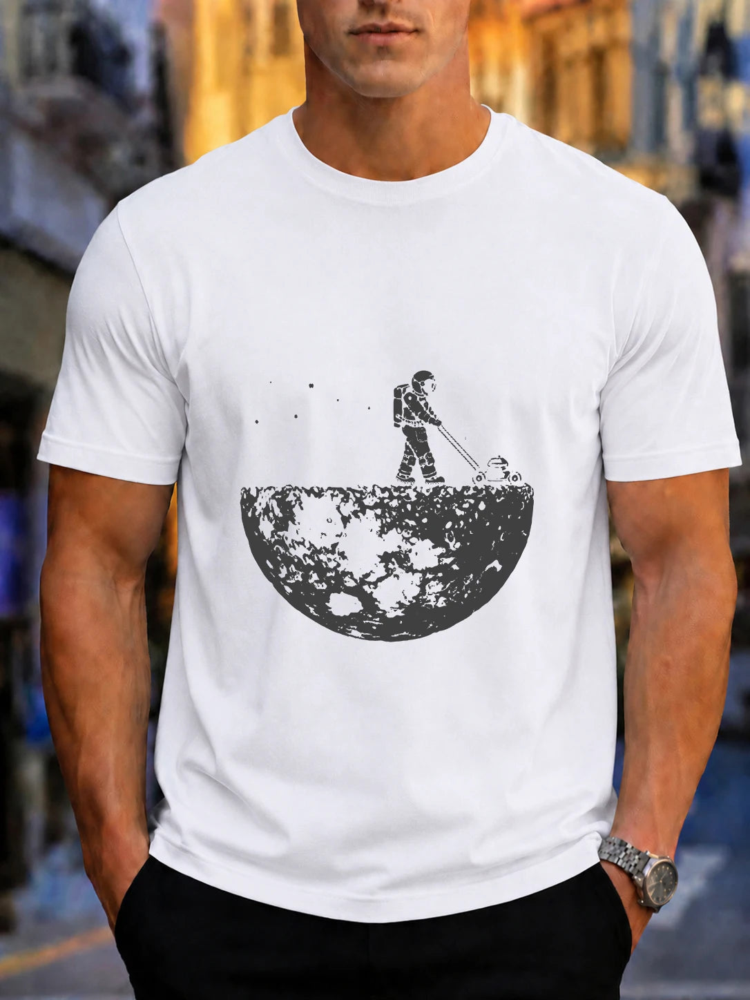 Men's Astronaut Mowing on the Moon Print Cotton T-Shirt - Casual