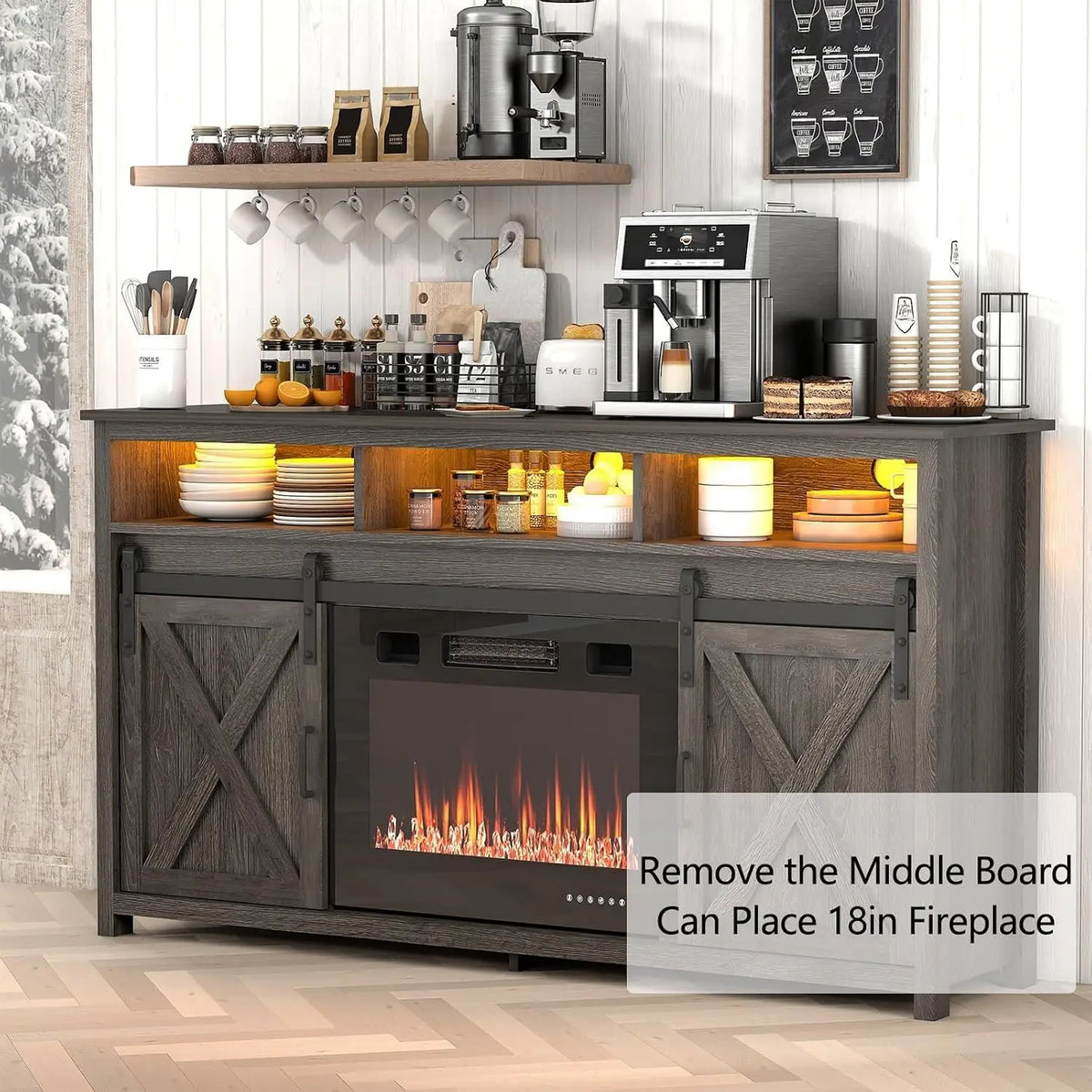 57" Farmhouse TV Stand with LED Lights, Power Outlets & Barn Doors