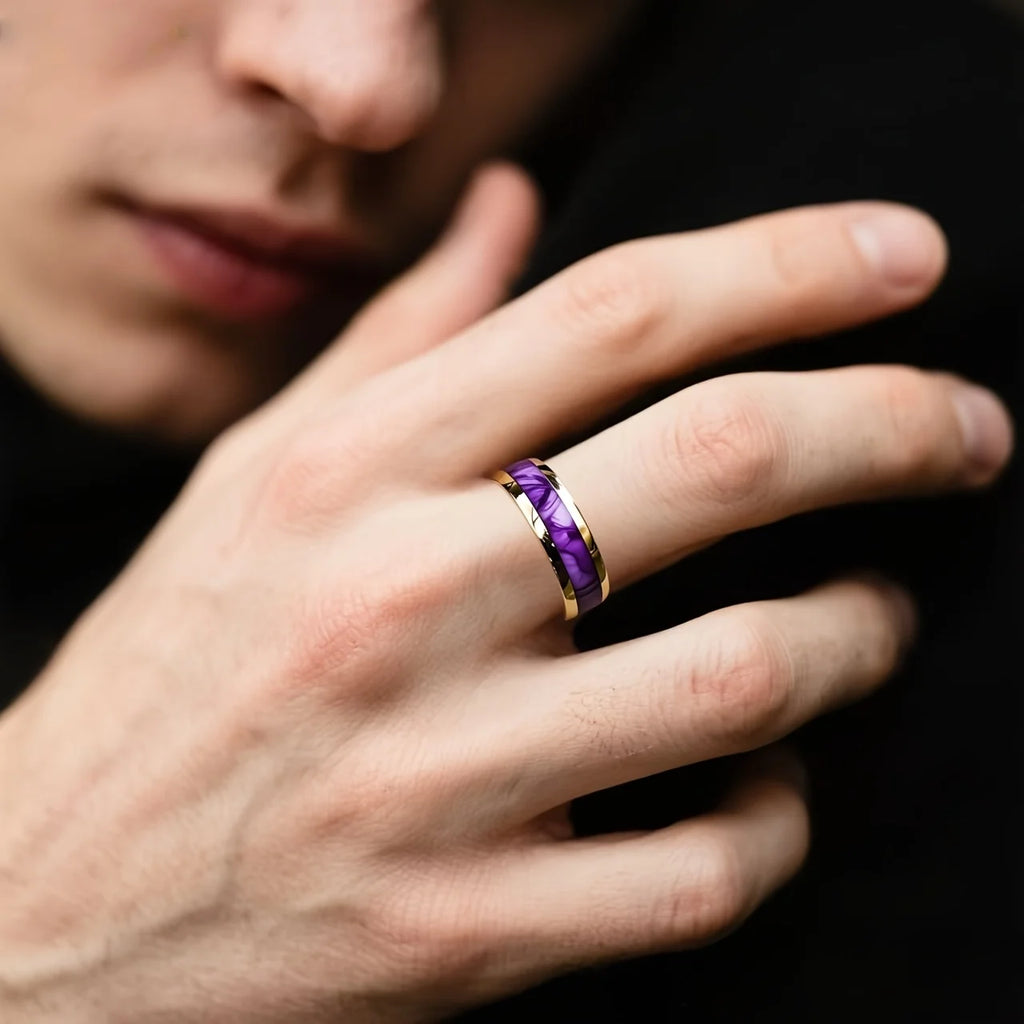 Wholesale 8MM Fashion Purple Shell Inlay Stainless Steel Rings Unique Women Wedding Band Jewelry Men's Ring Party Accessories