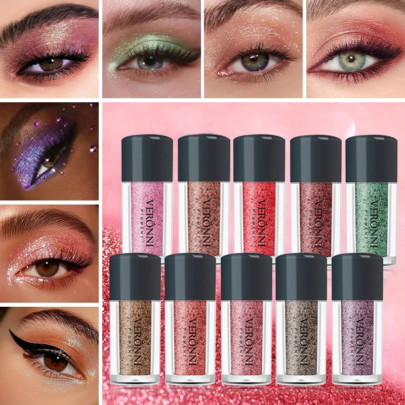 Single-color pearlescent diamond eyeshadow powder, finely milled, highly pigmented, and blendable for a party look.