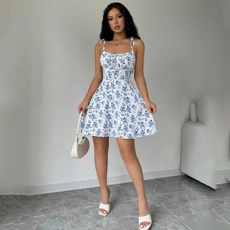 Women Sleeveless Cami Dress Floral Printed Tie Strap Square Neck Ruched Flowy Short Dress for Beach Vacation