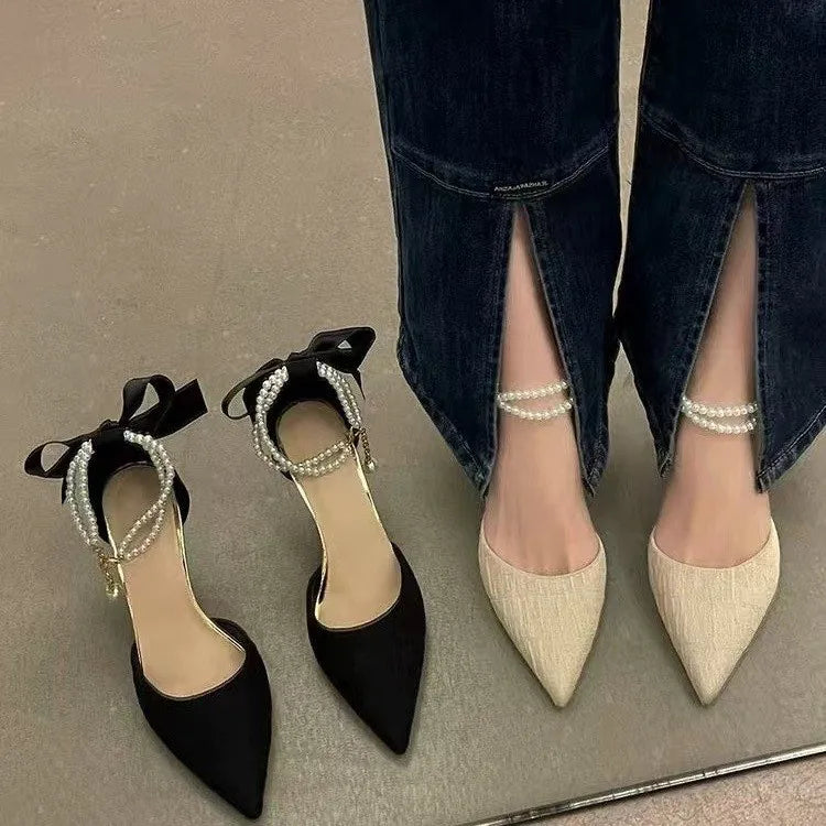 Fashionable high-heeled women's 2025 summer new pearl open-back evening dress stiletto style fairy-tale elegant single shoes
