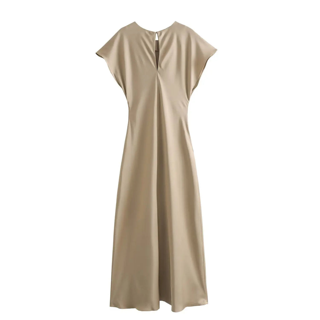 Woman Satin Midi Dress Summer Female Solid Fashion Elegant Long Dresses Lady Chic Short Sleeve O-Neck Evening Party Dress