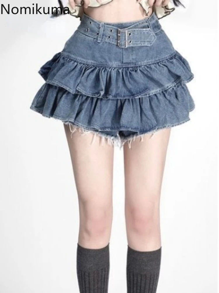 Sweet Denim Skirts Women 2025 Faldas Mujer De Moda High Waist A-line Ruffles Jupe Fashion Korean Saia Casual Summer Mini Skirt